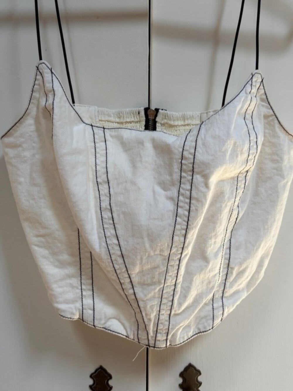 Women's White Linen-Blend Corset top with Black Contrast Stitching